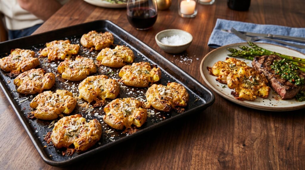Golden, crispy Parmesan herb smashed potatoes on a dark baking tray