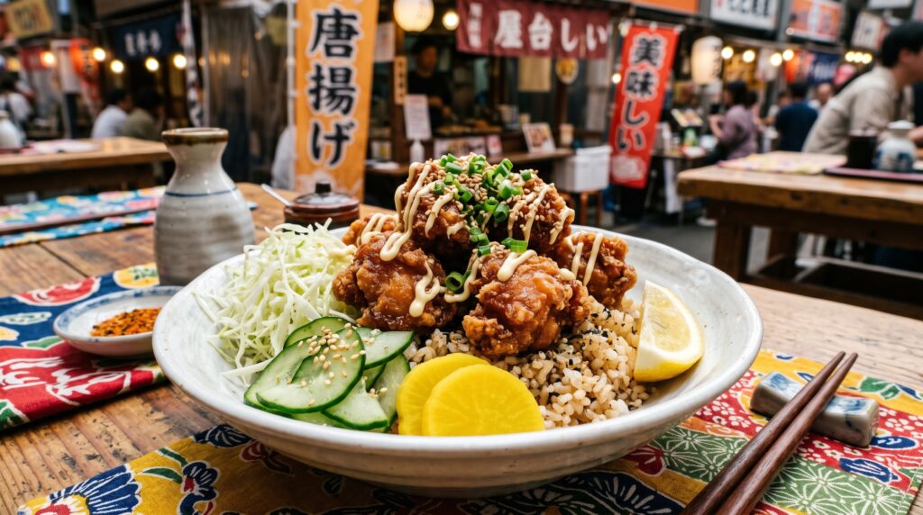A vibrant Japanese karaage chicken bowl in a wide white bowl