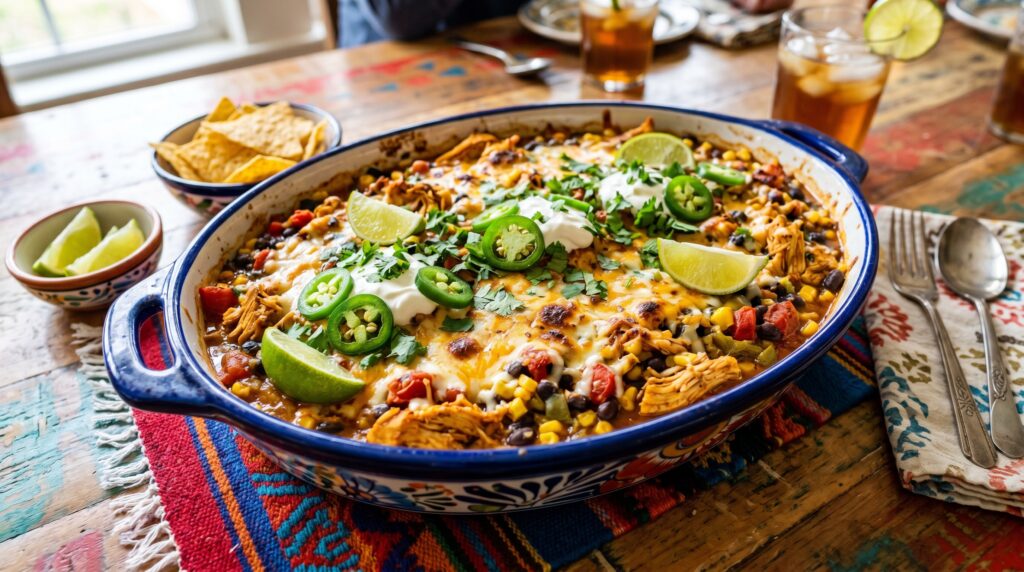 A vibrant, colorful Tex-Mex dump dinner in a wide baking dish