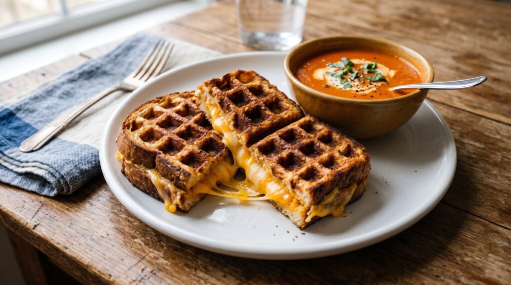 A spectacular waffle maker grilled cheese sandwich on a white plate