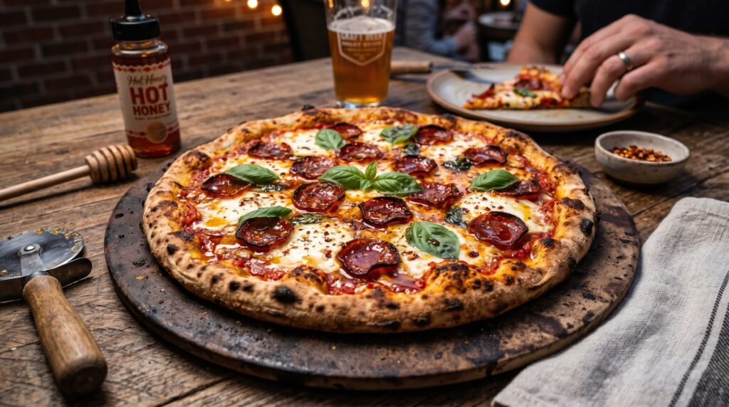 A spectacular hot honey pizza on a dark pizza stone
