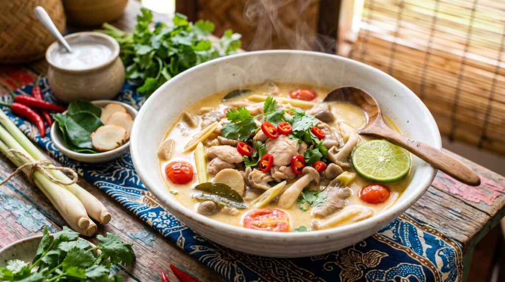 A fragrant, steaming Thai coconut chicken soup in a wide white bowl