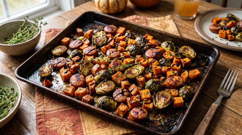 A colorful, vibrant sheet pan sausage and sweet potato dinner on a dark baking tray