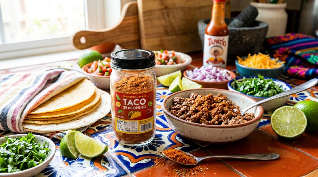A vibrant, reddish-orange taco seasoning in a small clear jar