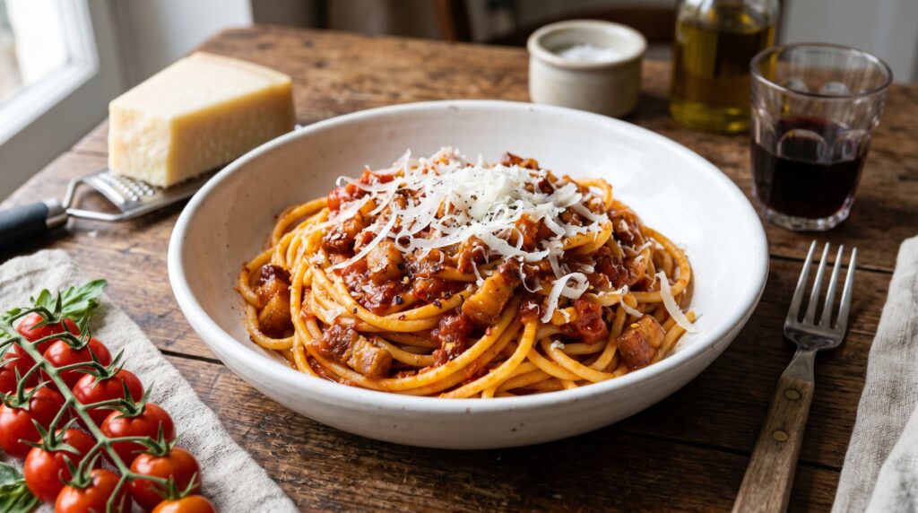 A vibrant, bold amatriciana in a wide white bowl