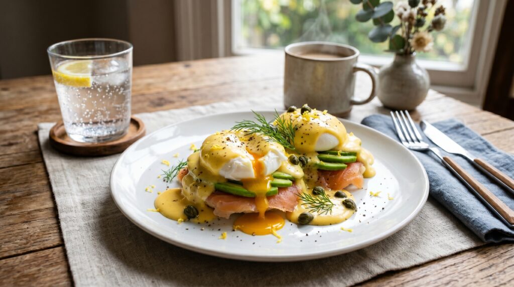 An elegant keto eggs Benedict on a white plate