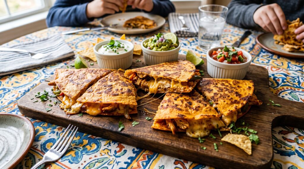 Golden, crispy chicken quesadillas on a wooden board