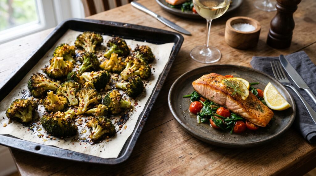 Golden, deeply caramelized roasted broccoli florets on a dark baking tray