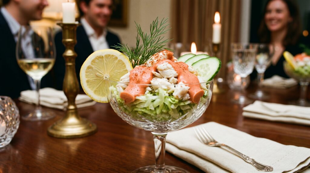 A classic crab cocktail in an elegant martini glass or crystal coupe
