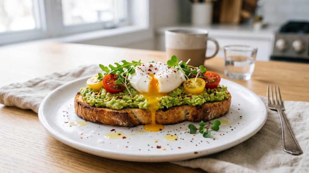 A beautiful avocado toast with poached egg on a white plate