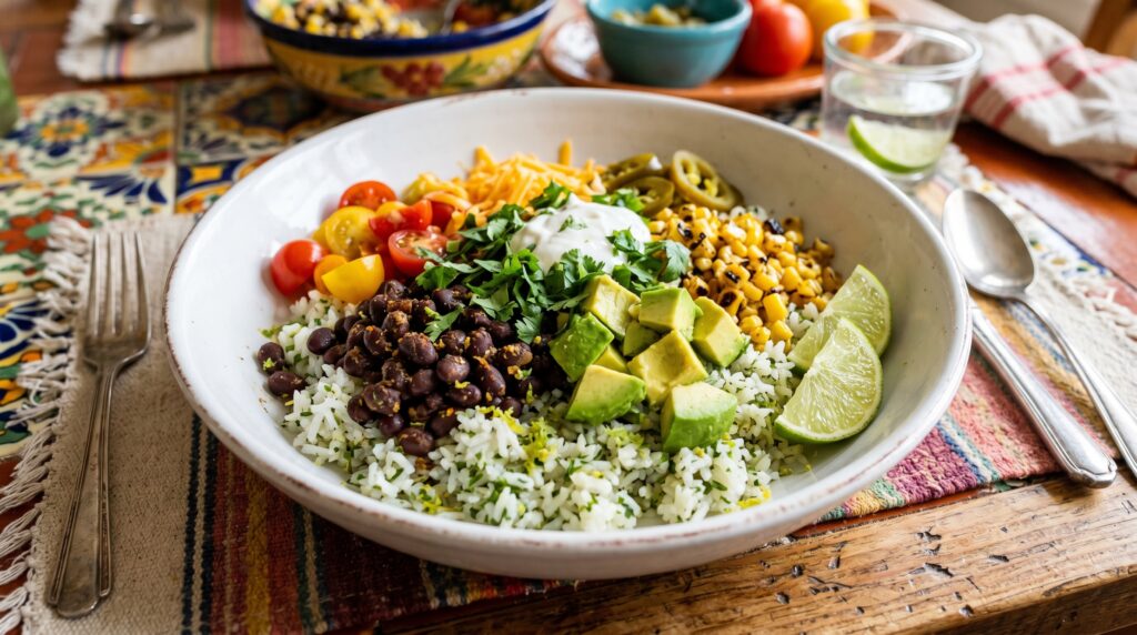 A vibrant Mexican-inspired black bean and rice bowl in a wide white bowl