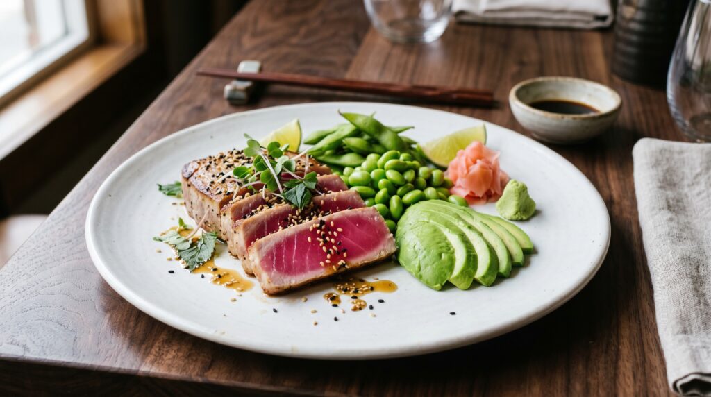 An elegant, beautiful seared tuna steak on a wide white plate
