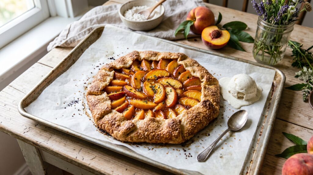 A beautiful, rustic peach galette on a white parchment-lined baking sheet