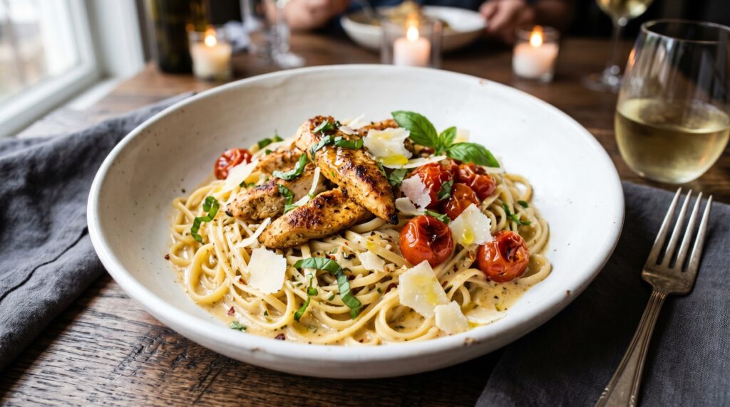 An elegant Cajun chicken linguine in a wide white bowl
