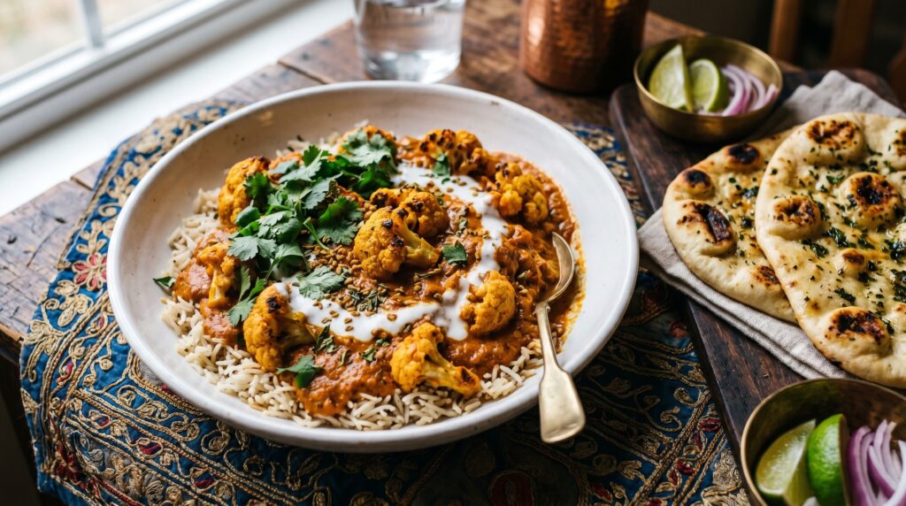 A rich, vibrant vegan cauliflower tikka masala in a wide white bowl over basmati rice
