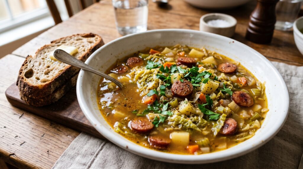A hearty, deeply satisfying cabbage and sausage soup in a wide white bowl