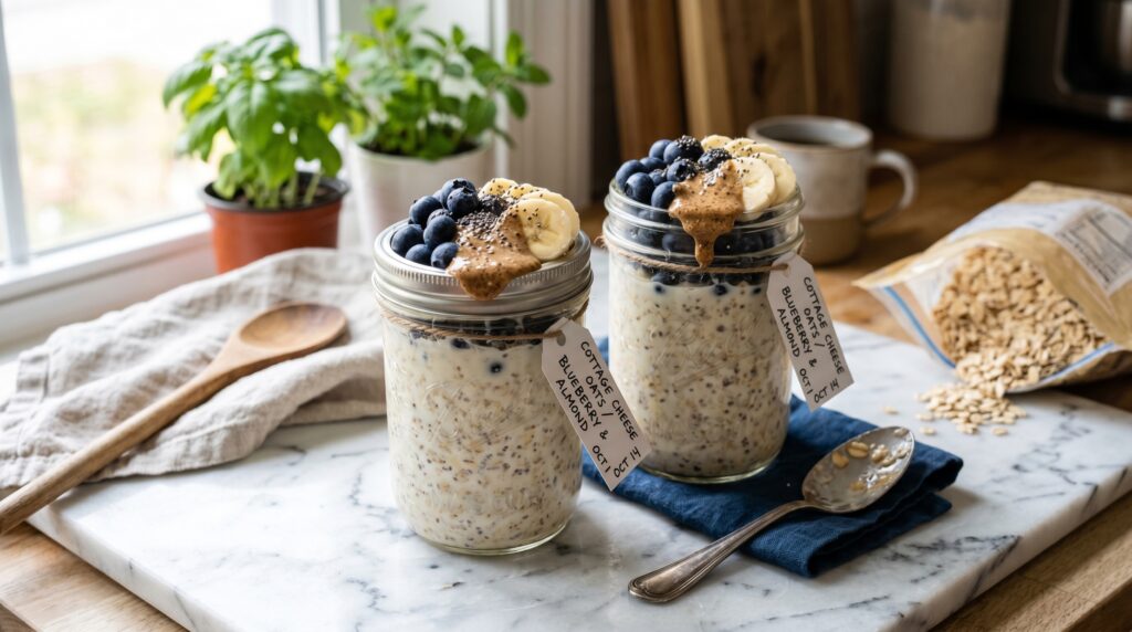 Two cottage cheese overnight oats jars on a white marble surface