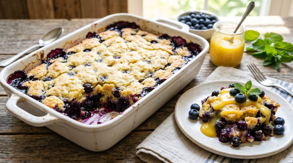 A vibrant, bright blueberry lemon dump cake in a white baking dish