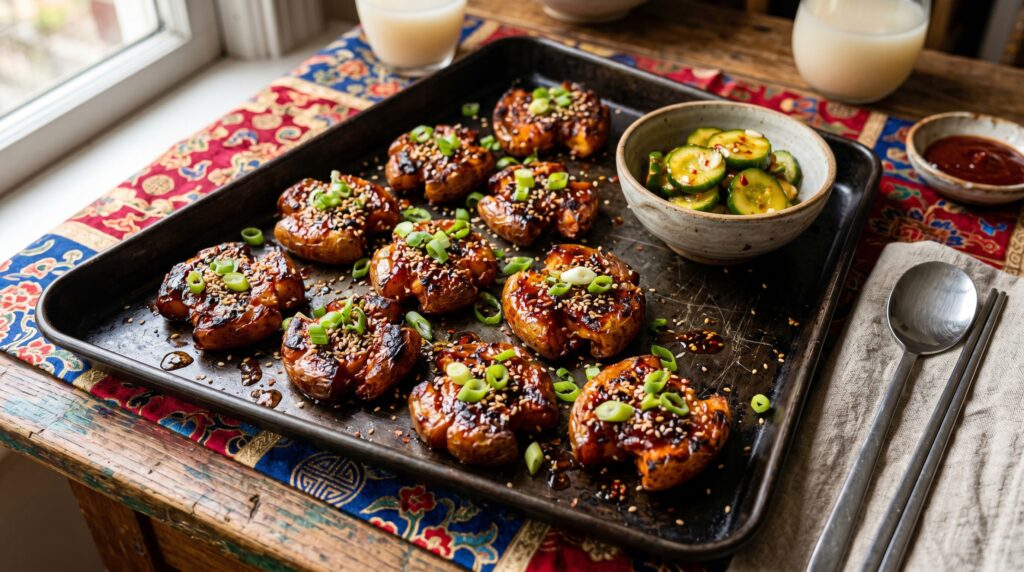 Bold, vibrant Korean gochujang smashed potatoes on a dark baking tray