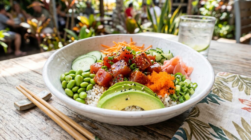 A stunning spicy tuna poke bowl in a wide white bowl