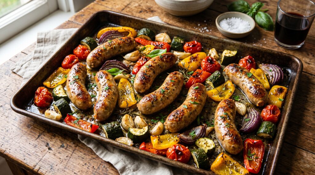 A beautiful Italian sausage and vegetable tray bake on a dark baking sheet