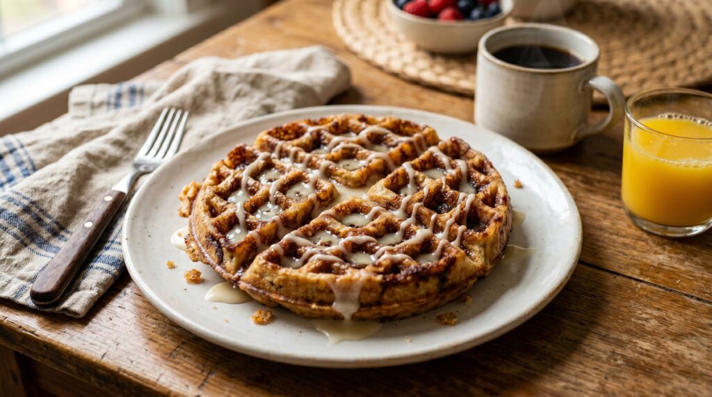Golden, glazed cinnamon roll waffles on a white plate