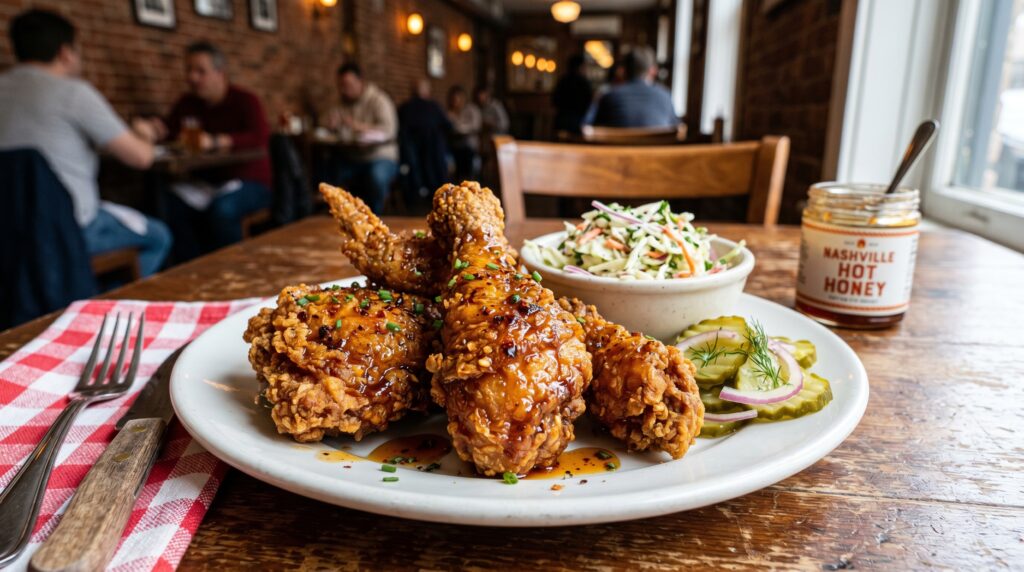 Spectacular hot honey fried chicken on a white plate