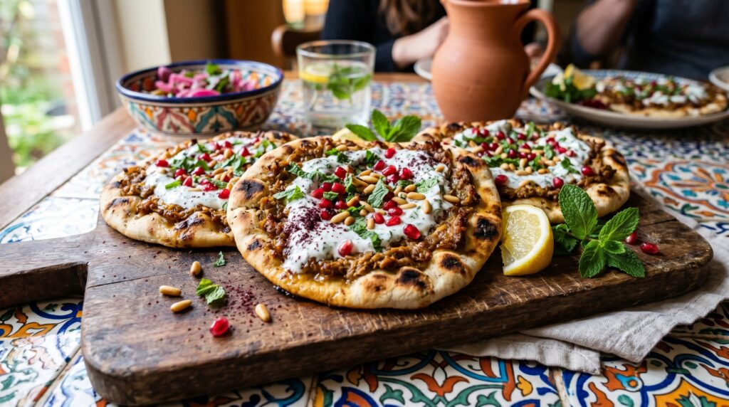 Beautiful spiced lamb flatbreads on a wooden board