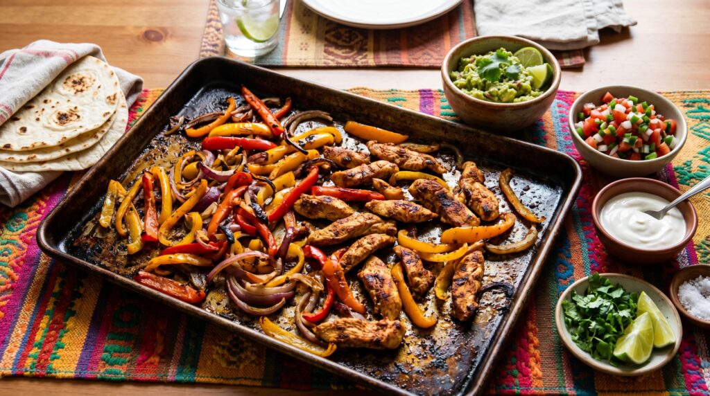 Vibrant, colorful sheet pan chicken fajitas on a dark baking tray