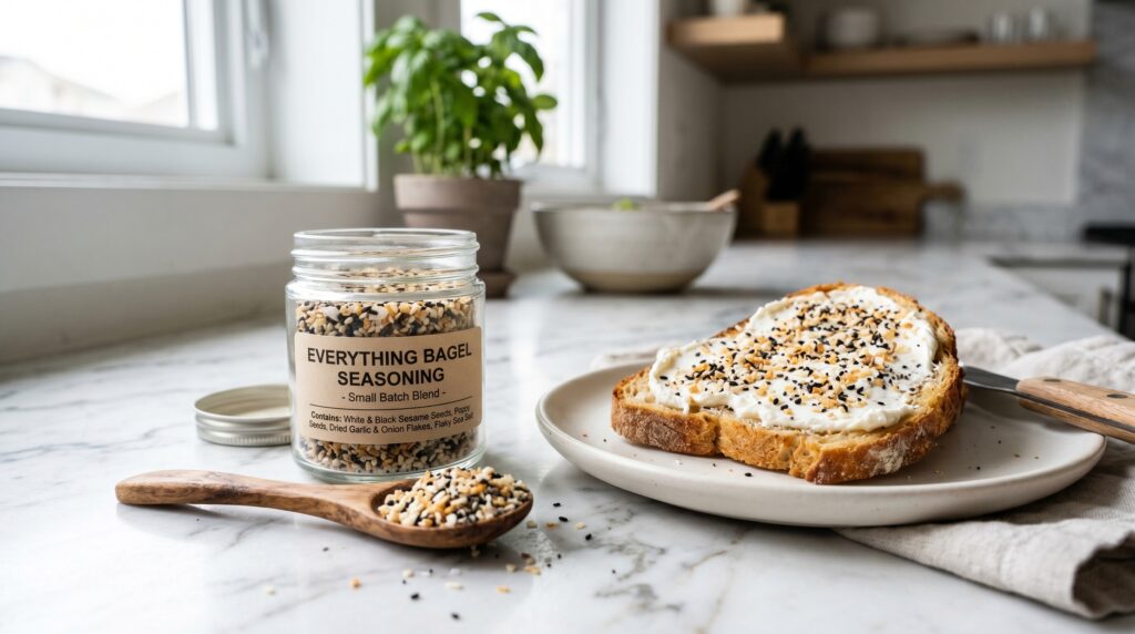 A beautiful small jar of everything bagel seasoning on a white marble surface