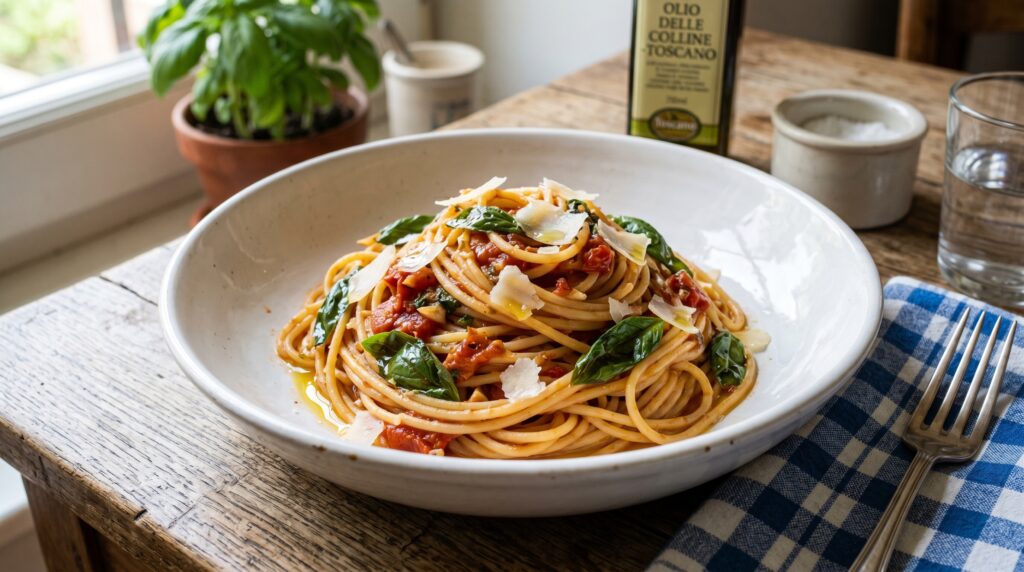 A perfect, beautiful spaghetti al pomodoro in a wide white bowl