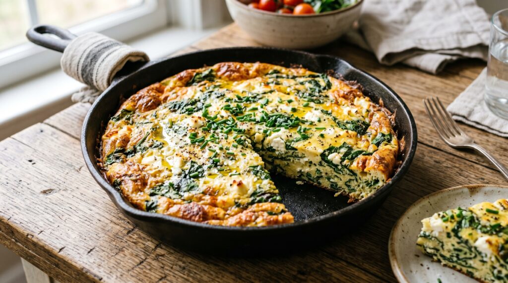 A golden, beautifully set keto spinach and feta frittata in a cast iron skillet