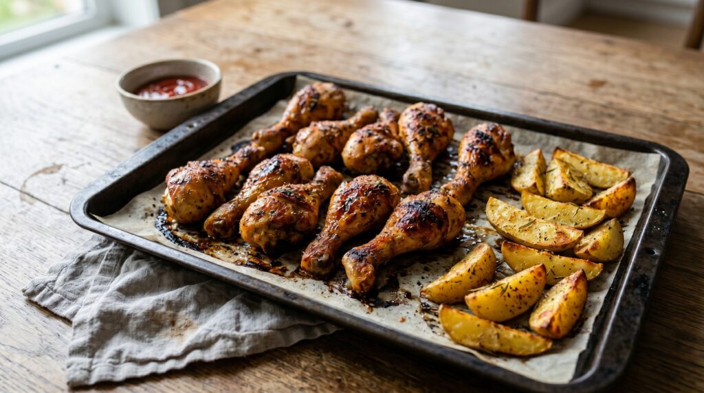 Perfectly golden, caramelized chicken drumsticks on a dark lined baking sheet
