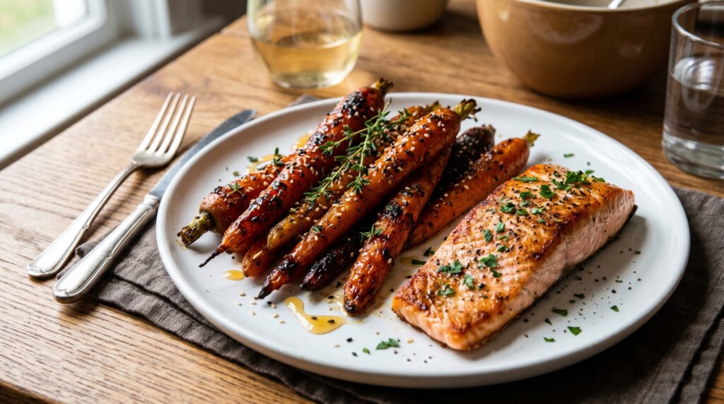 Beautiful honey-glazed roasted carrots on a white serving plate