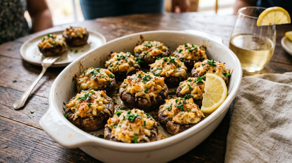Beautiful crab stuffed mushrooms on a white baking dish