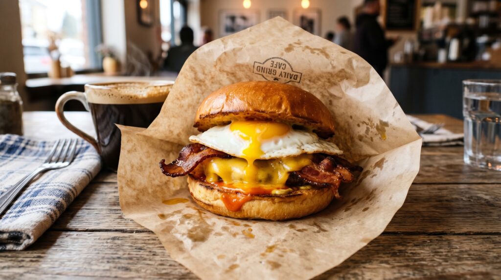 A gorgeous, indulgent egg and cheese breakfast sandwich on a toasted brioche bun or English muffin