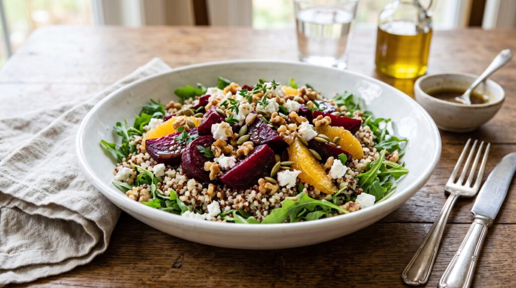 A spectacular roasted beet and quinoa salad in a wide white bowl