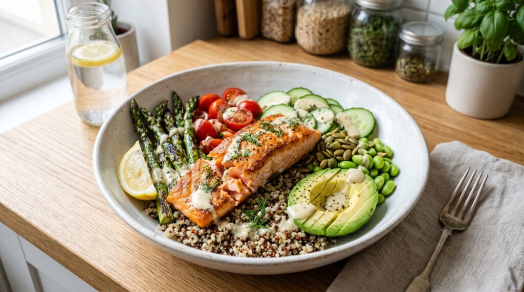 A nourishing, beautiful salmon and quinoa power bowl in a wide white ceramic bowl