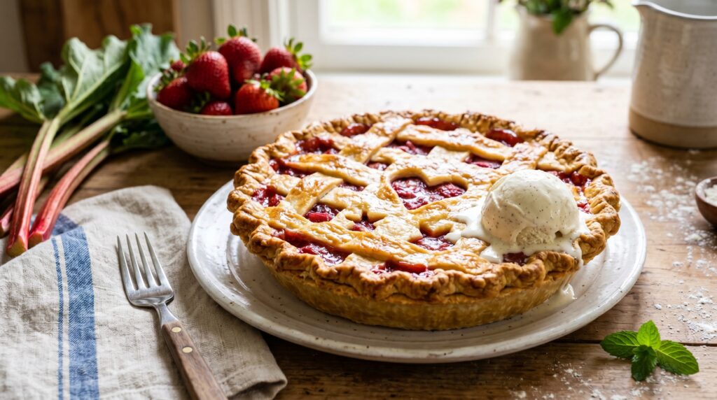 A gorgeous strawberry rhubarb pie on a white ceramic plate