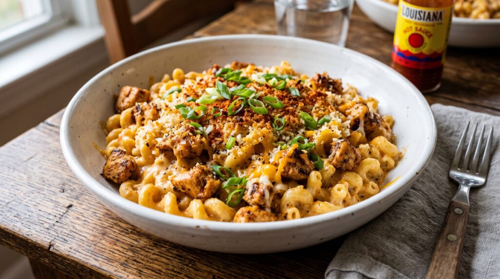 A spectacular Cajun chicken mac and cheese in a wide white ceramic bowl