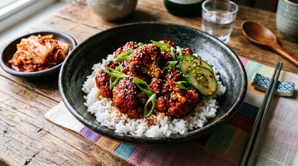 Bold, vibrant Korean gochujang cauliflower in a wide dark bowl over steamed rice