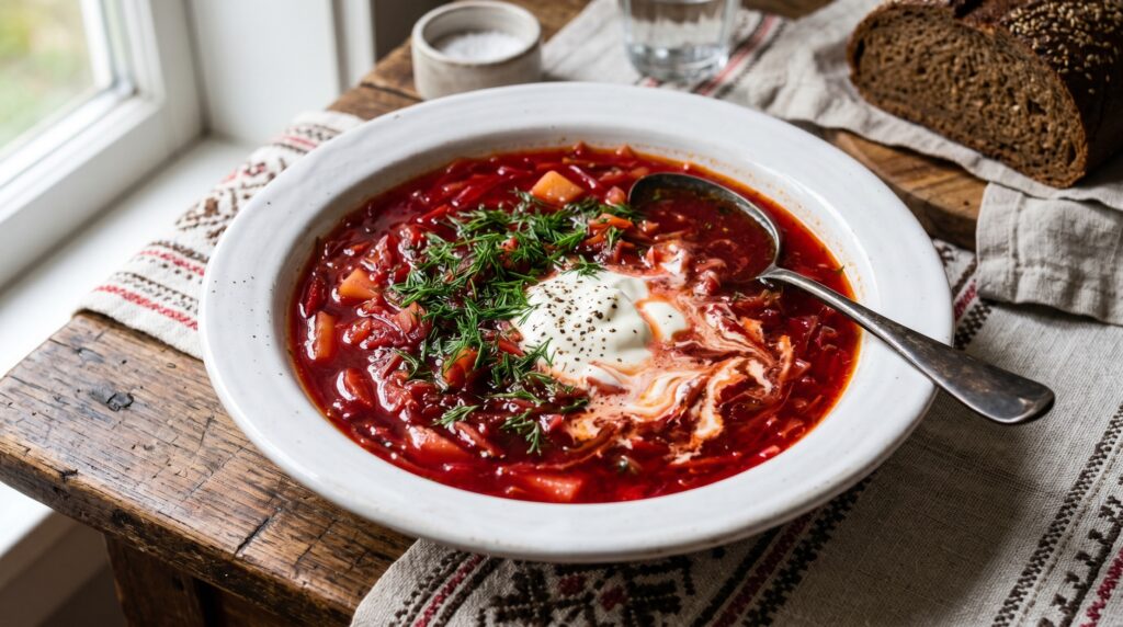 A vibrant, stunning borscht in a wide white bowl