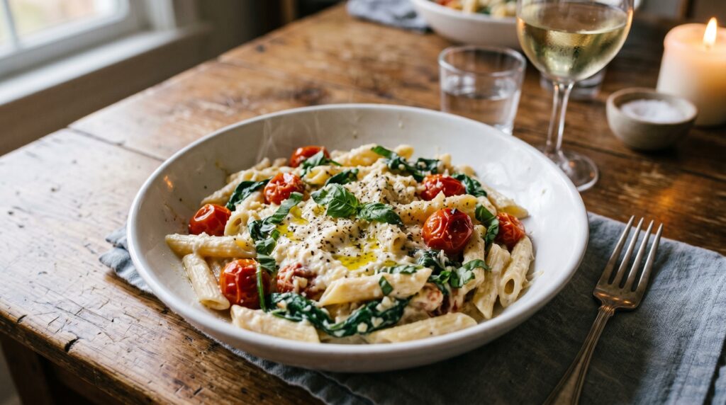 A creamy, vibrant cottage cheese pasta in a wide white bowl