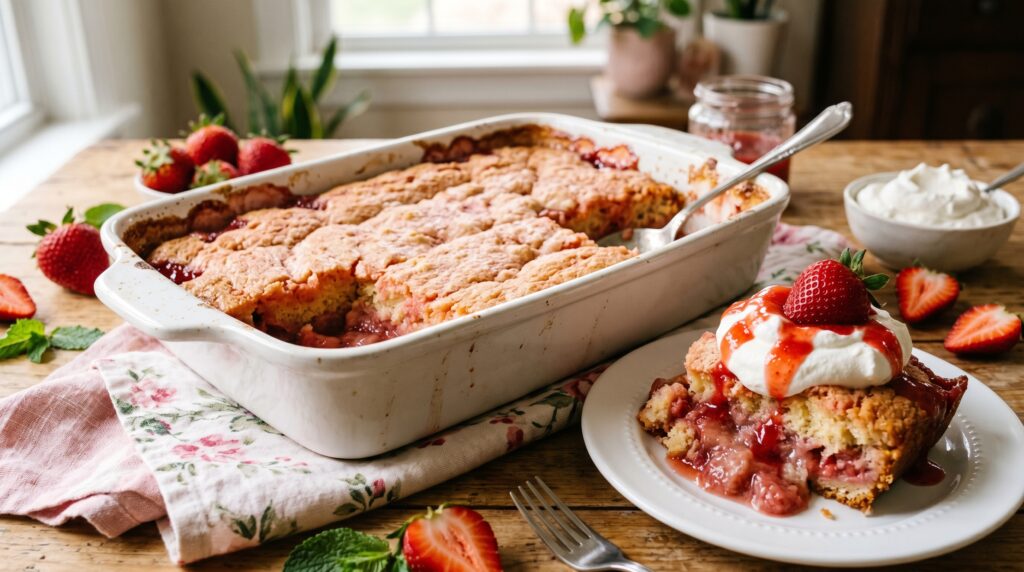 A beautiful, rosy pink strawberry vanilla dump cake in a white baking dish