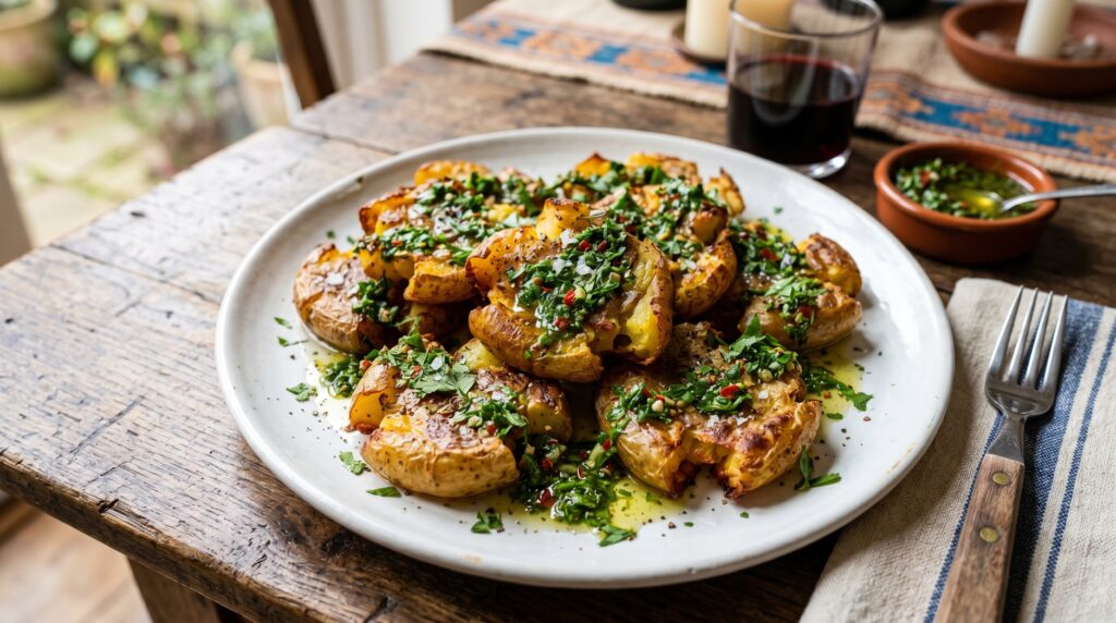 Vibrant chimichurri smashed potatoes on a white plate