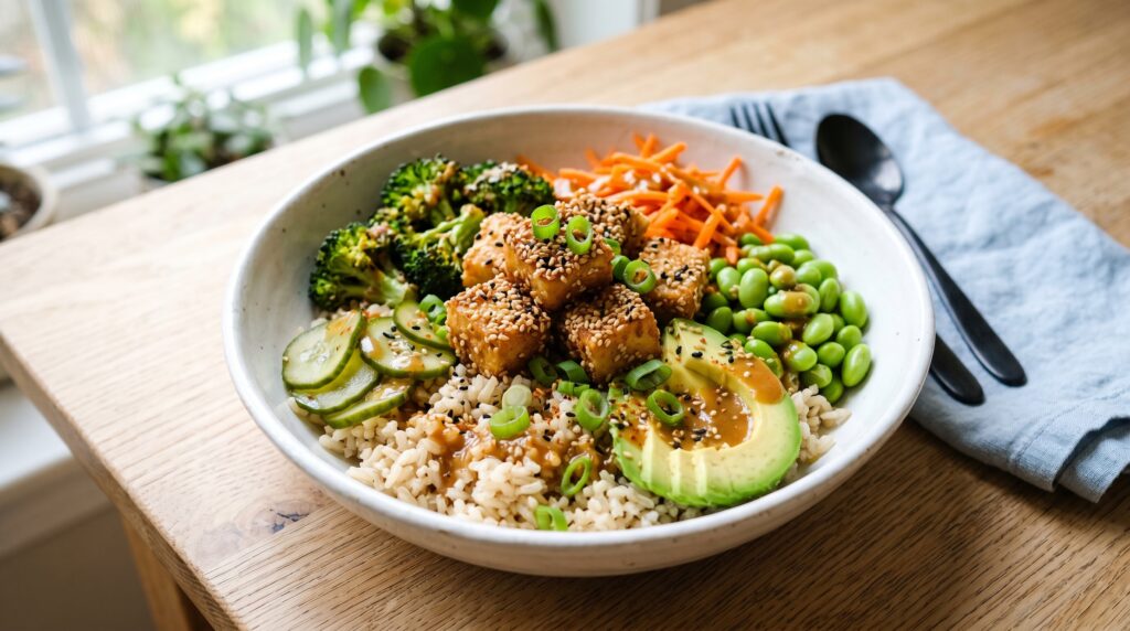 A vibrant, colorful sesame tofu rice bowl in a wide white bowl