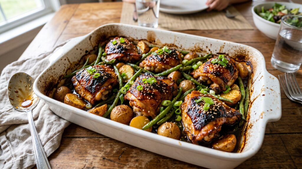 Golden, lacquered honey garlic chicken thighs in a white baking dish