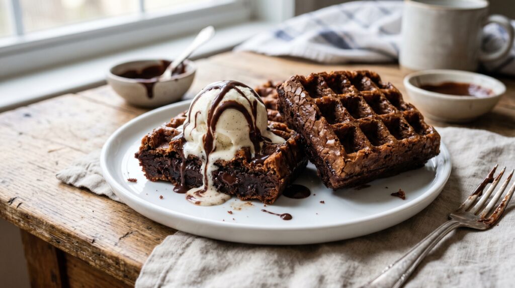 Perfectly cooked waffle maker brownies on a white plate
