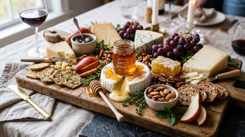 An abundant, beautiful cheese board on a wooden board with hot honey as the centerpiece