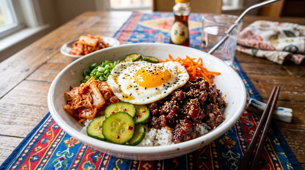 A bold, vibrant Korean gochujang beef rice bowl in a wide white bowl